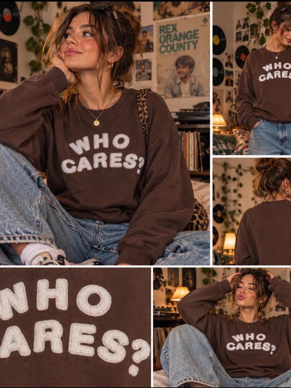 Rex Orange County Who Cares? Brown Graphic Sweatshirt Streetwear Concert Merch